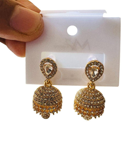 Exquisite Gold Plated Jhumka Earrings with Crystal Stones - 2 Pcs